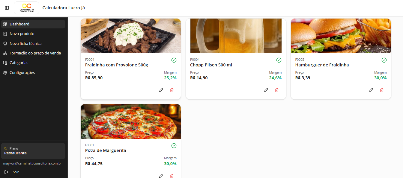 Dashboard da Calculadora Lucro Já com pratos cadastrados, preços e margem de lucro